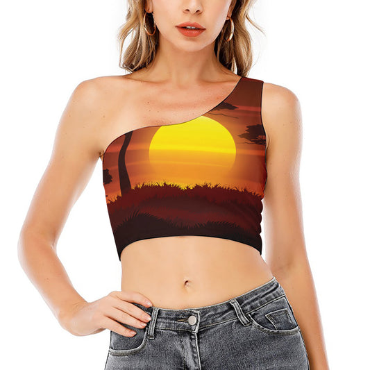 African Savanna Sunset Print One Shoulder Crop Top