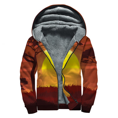 African Savanna Sunset Print Sherpa Lined Zip Up Hoodie