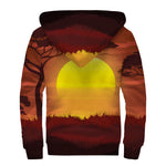 African Savanna Sunset Print Sherpa Lined Zip Up Hoodie