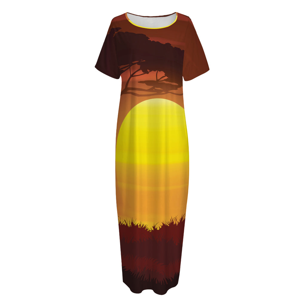 African Savanna Sunset Print Short Sleeve Long Nightdress