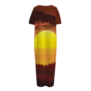 African Savanna Sunset Print Short Sleeve Long Nightdress