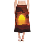 African Savanna Sunset Print Side Slit Midi Skirt