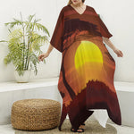 African Savanna Sunset Print Silk V-Neck Kaftan Dress