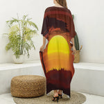African Savanna Sunset Print Silk V-Neck Kaftan Dress