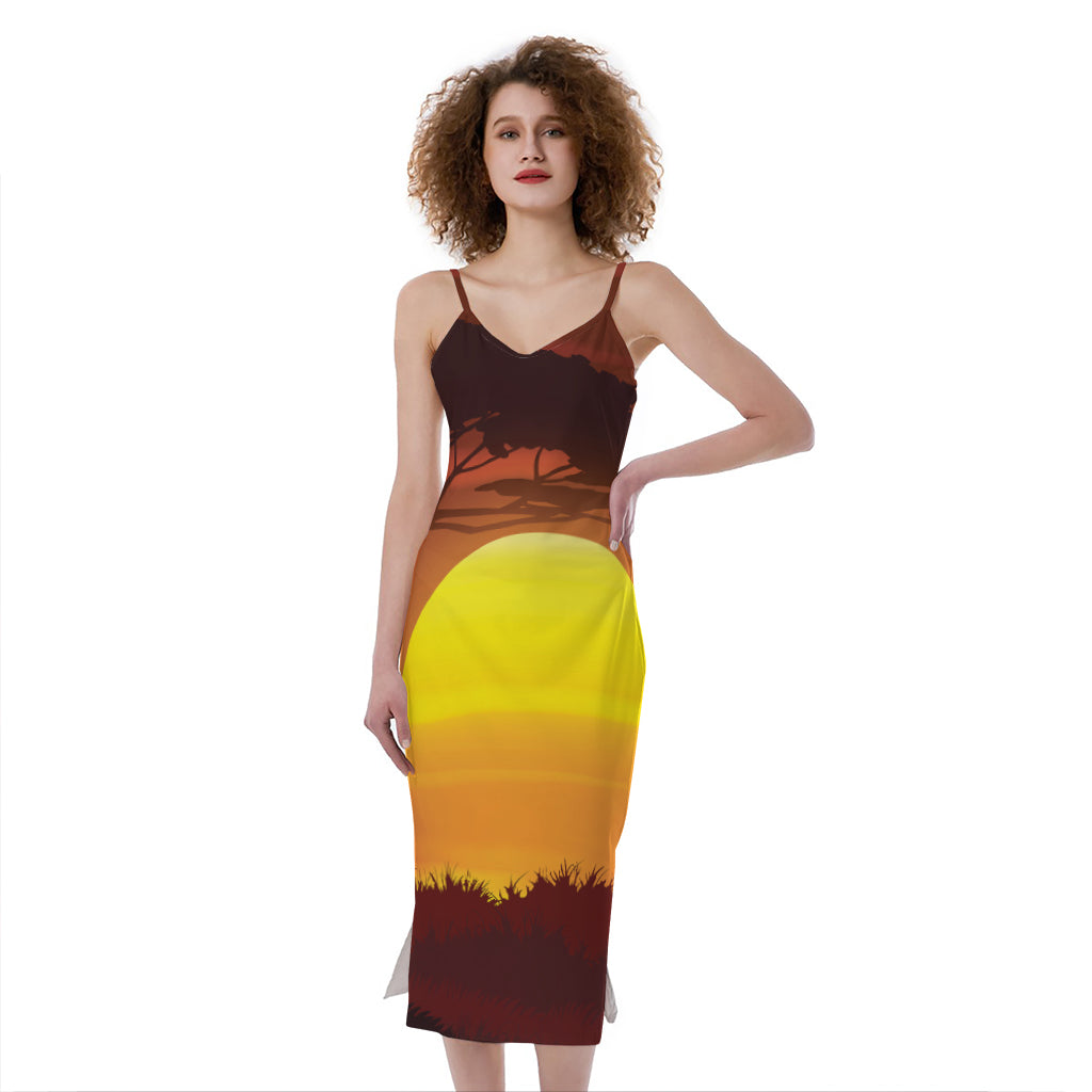 African Savanna Sunset Print Slim Fit Midi Cami Dress