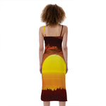African Savanna Sunset Print Slim Fit Midi Cami Dress