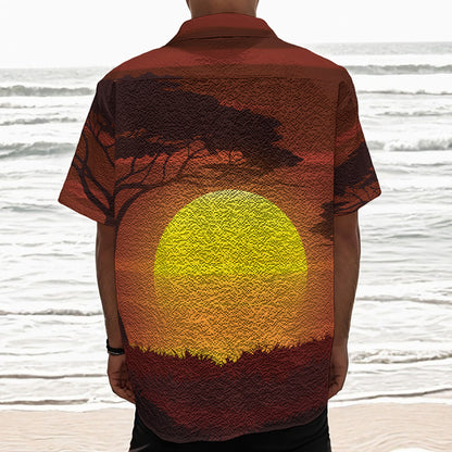 African Savanna Sunset Print Textured Short Sleeve Shirt