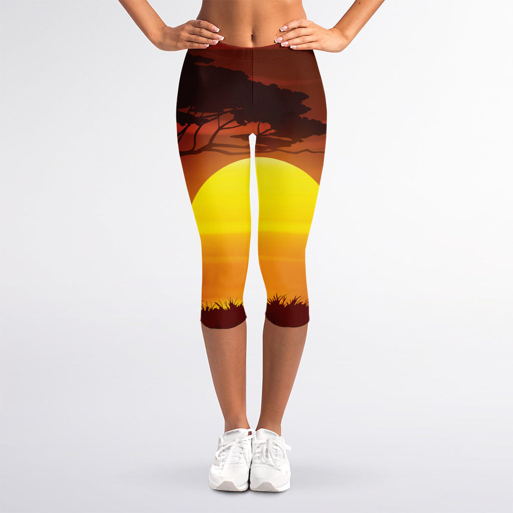 African Savanna Sunset Print Women's Capri Leggings