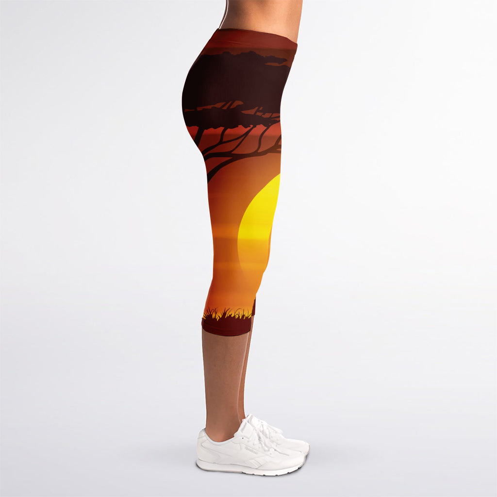 African Savanna Sunset Print Women's Capri Leggings