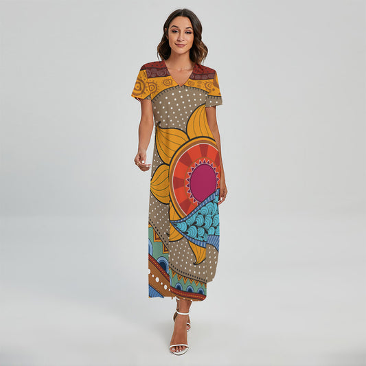 African Sun Print Short Sleeve Maxi Dress