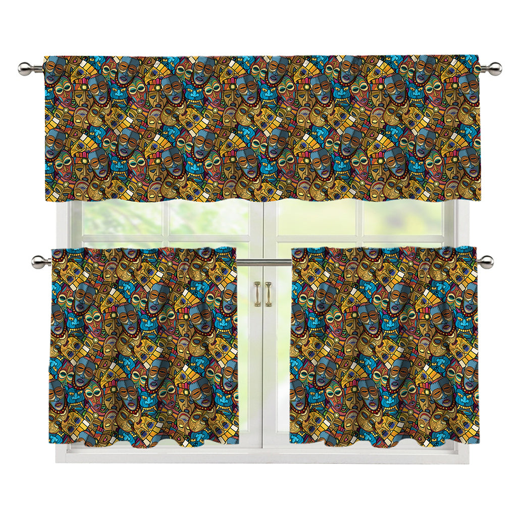 African Totem Masks Pattern Print 3 Piece Kitchen Curtains