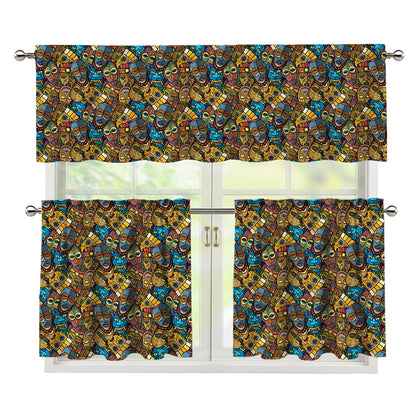 African Totem Masks Pattern Print 3 Piece Kitchen Curtains