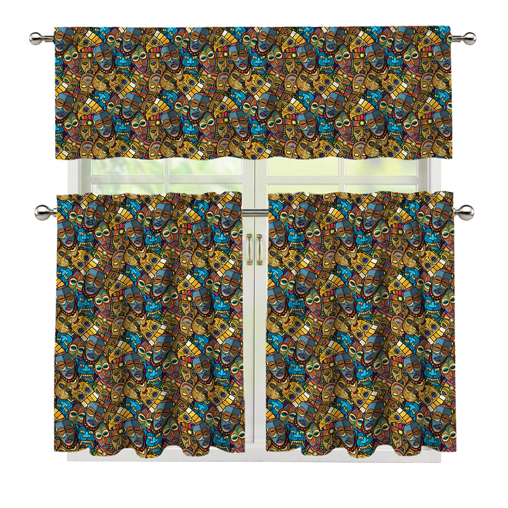 African Totem Masks Pattern Print 3 Piece Kitchen Curtains