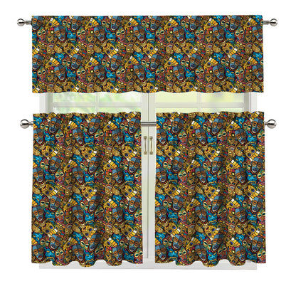 African Totem Masks Pattern Print 3 Piece Kitchen Curtains