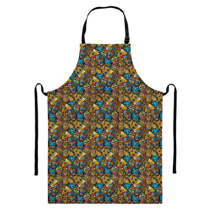 African Totem Masks Pattern Print Bib Apron With Pocket
