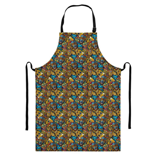 African Totem Masks Pattern Print Bib Apron With Pocket