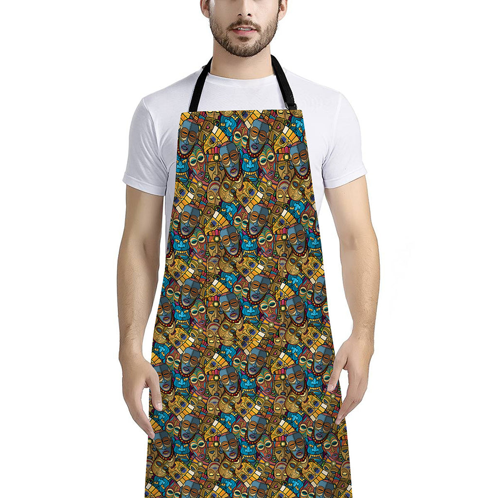 African Totem Masks Pattern Print Bib Apron With Pocket