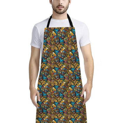 African Totem Masks Pattern Print Bib Apron With Pocket