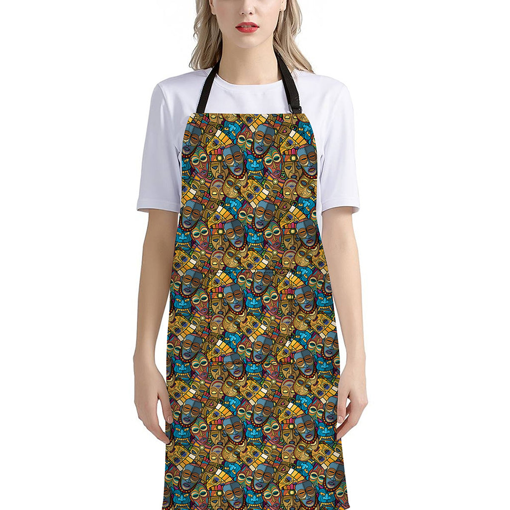 African Totem Masks Pattern Print Bib Apron With Pocket
