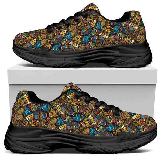 African Totem Masks Pattern Print Black Chunky Shoes