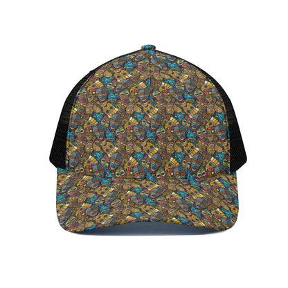 African Totem Masks Pattern Print Black Mesh Trucker Cap