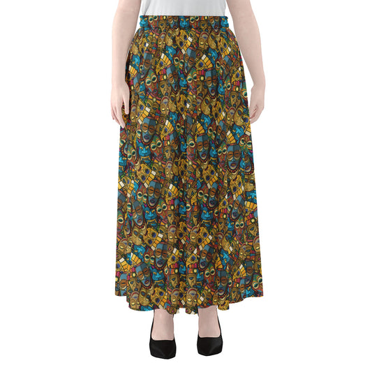 African Totem Masks Pattern Print Chiffon Maxi Skirt