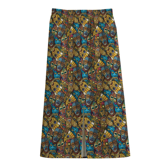 African Totem Masks Pattern Print Cotton Front Slit Maxi Skirt