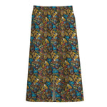 African Totem Masks Pattern Print Cotton Front Slit Maxi Skirt