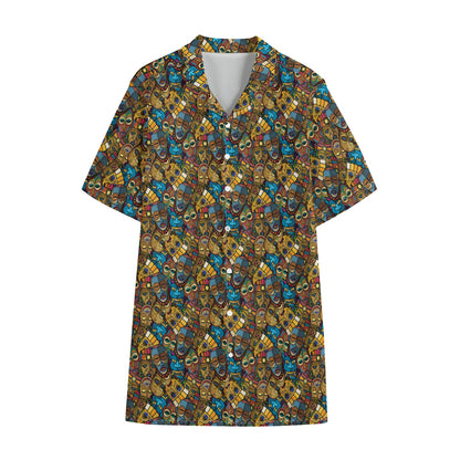 African Totem Masks Pattern Print Cotton Hawaiian Shirt