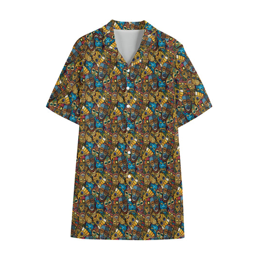 African Totem Masks Pattern Print Cotton Hawaiian Shirt