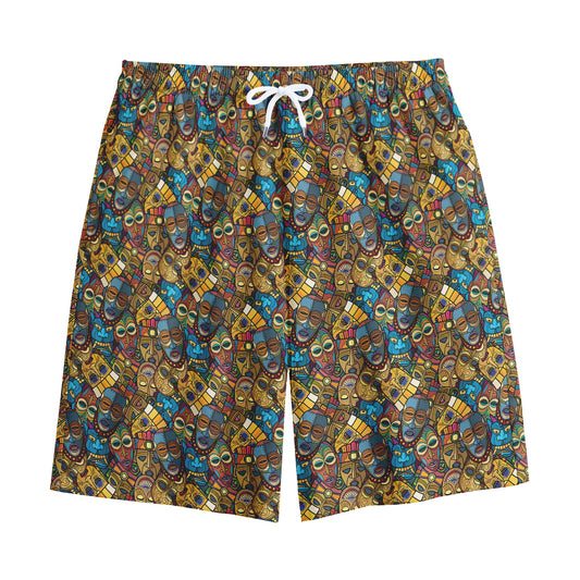 African Totem Masks Pattern Print Cotton Shorts