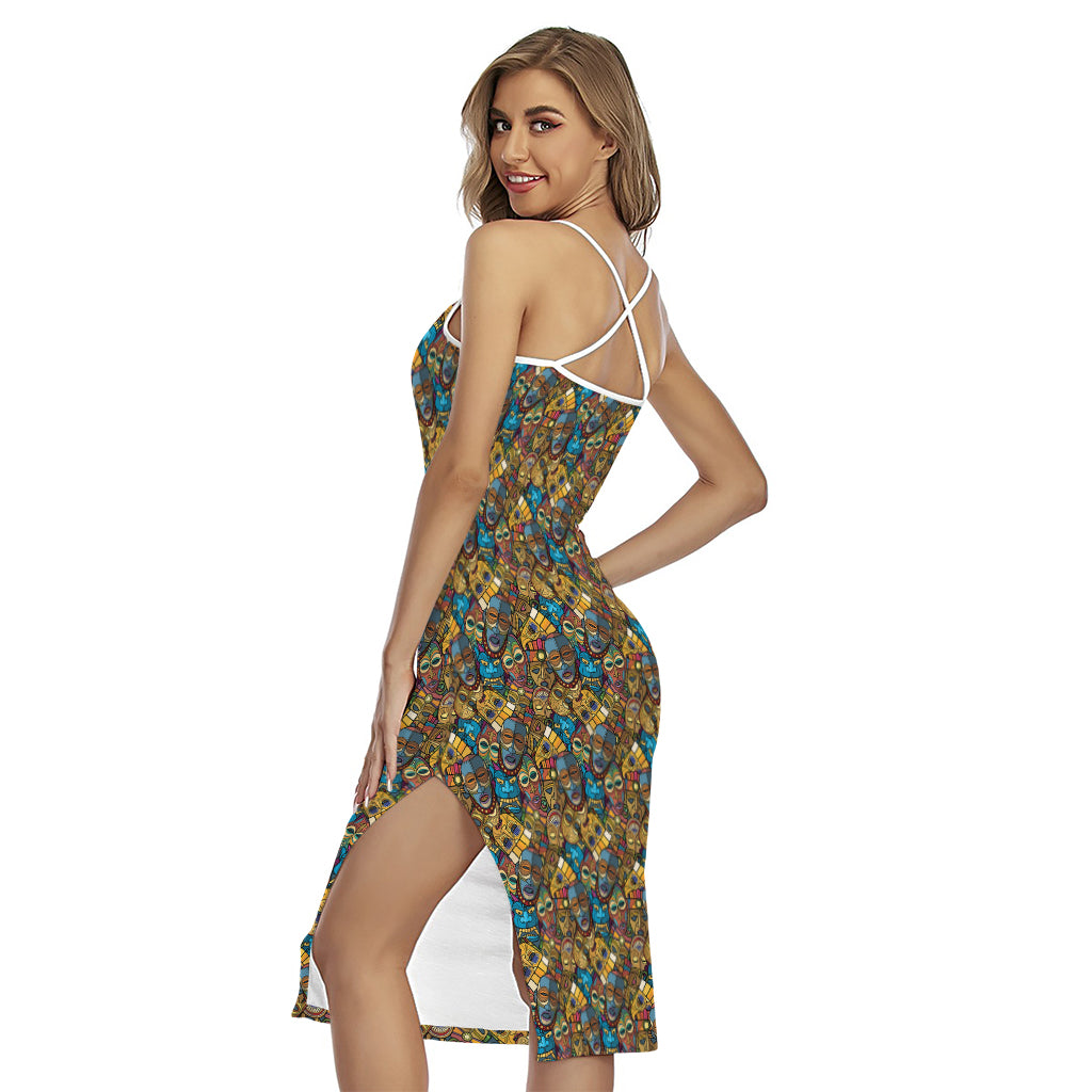 African Totem Masks Pattern Print Cross Back Cami Dress