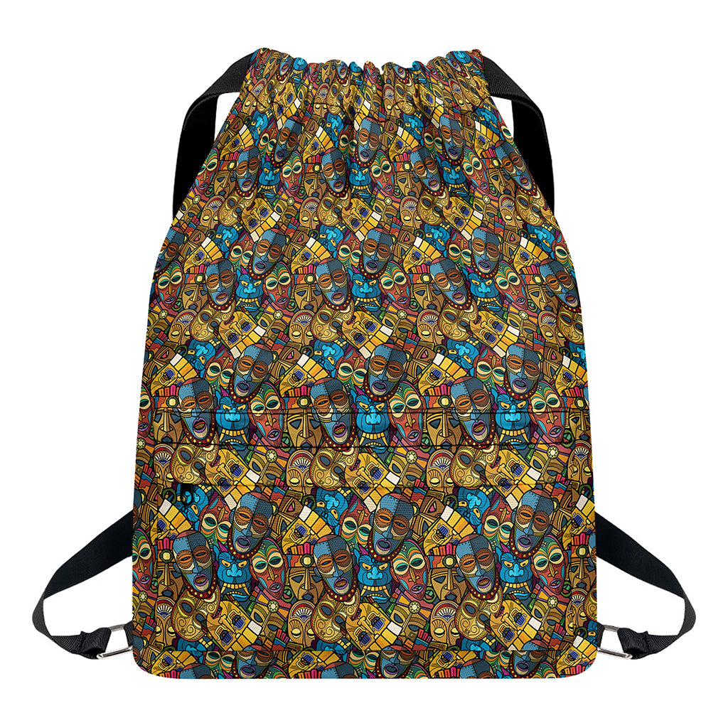 African Totem Masks Pattern Print Drawstring Backpack