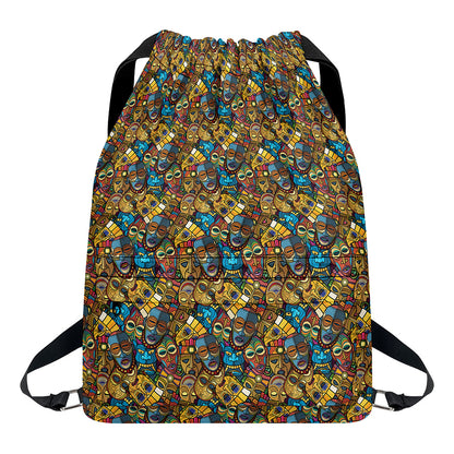 African Totem Masks Pattern Print Drawstring Backpack