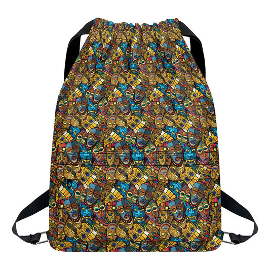 African Totem Masks Pattern Print Drawstring Backpack