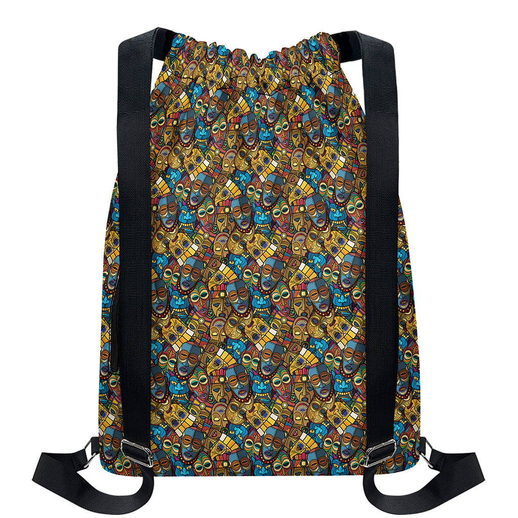 African Totem Masks Pattern Print Drawstring Backpack