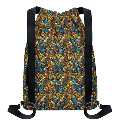 African Totem Masks Pattern Print Drawstring Backpack