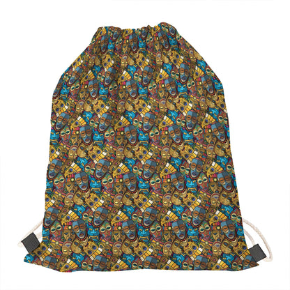 African Totem Masks Pattern Print Drawstring Bag