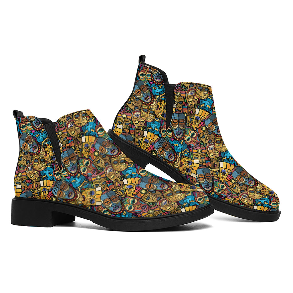 African Totem Masks Pattern Print Flat Ankle Boots