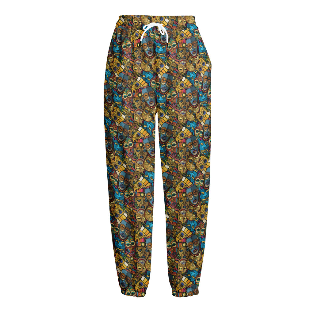 African Totem Masks Pattern Print Fleece Lined Knit Pants
