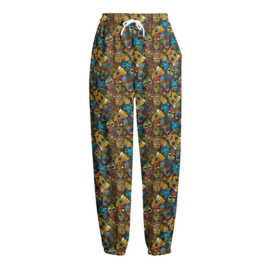 African Totem Masks Pattern Print Fleece Lined Knit Pants