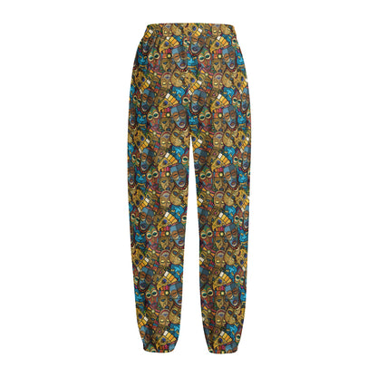 African Totem Masks Pattern Print Fleece Lined Knit Pants