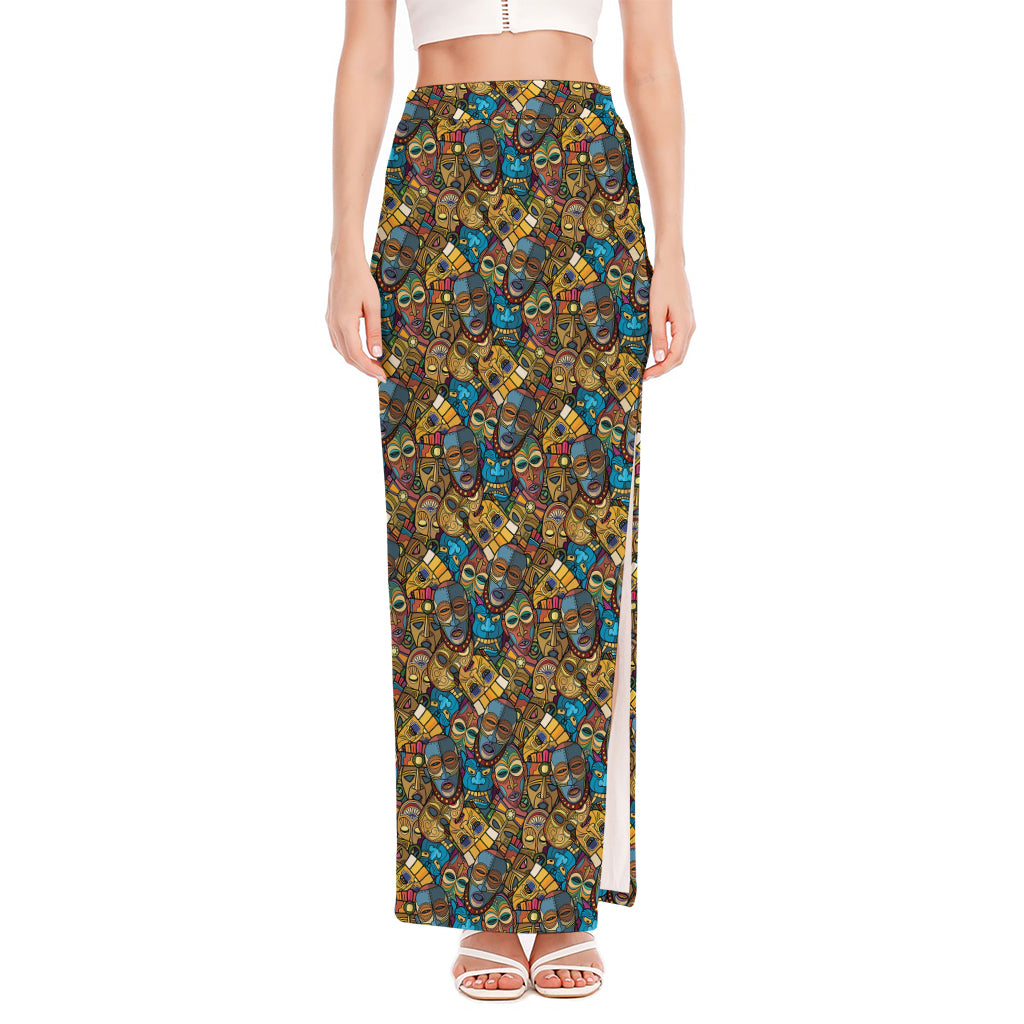 African Totem Masks Pattern Print High Slit Maxi Skirt