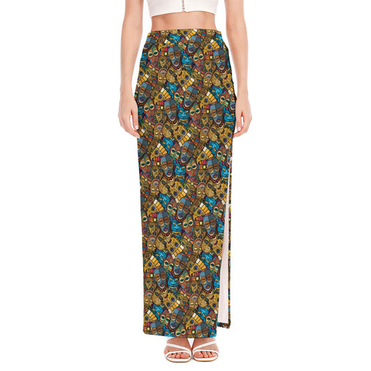 African Totem Masks Pattern Print High Slit Maxi Skirt