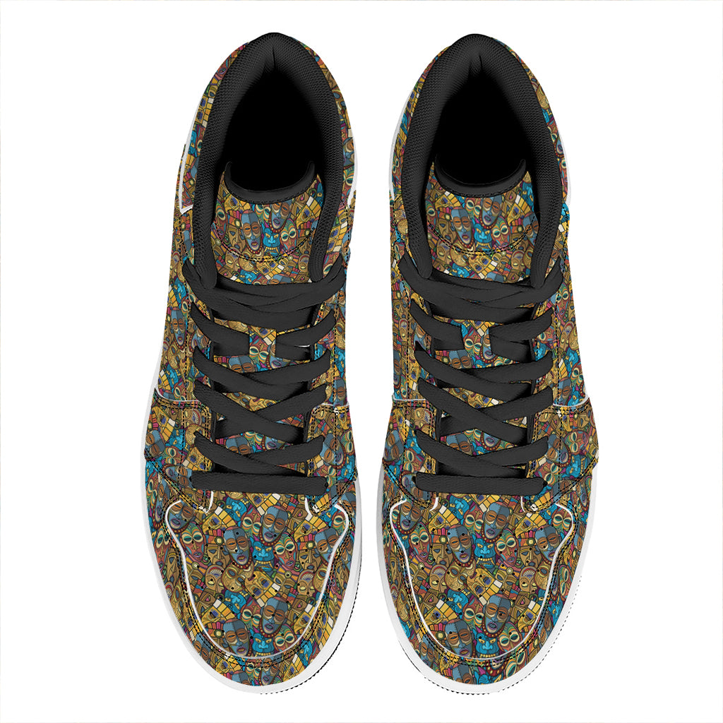 African Totem Masks Pattern Print High Top Leather Sneakers