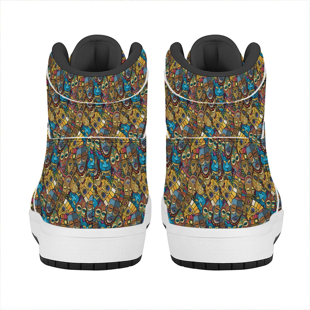 African Totem Masks Pattern Print High Top Leather Sneakers