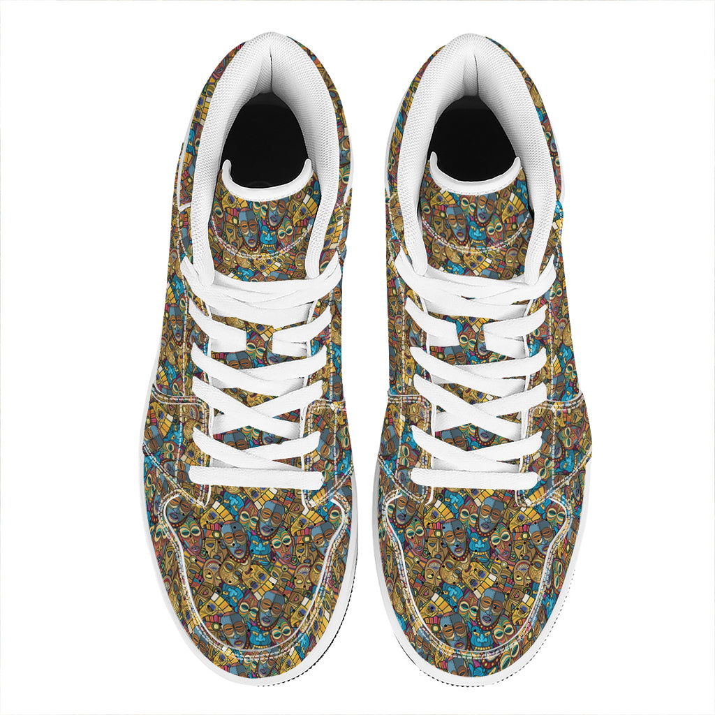 African Totem Masks Pattern Print High Top Leather Sneakers