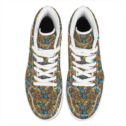 African Totem Masks Pattern Print High Top Leather Sneakers