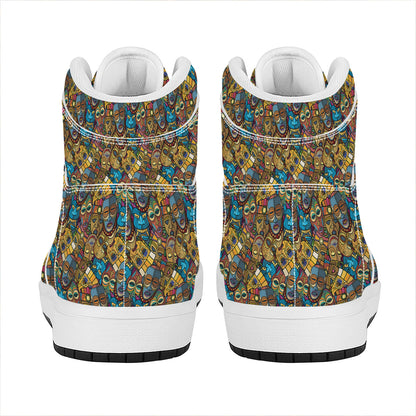 African Totem Masks Pattern Print High Top Leather Sneakers