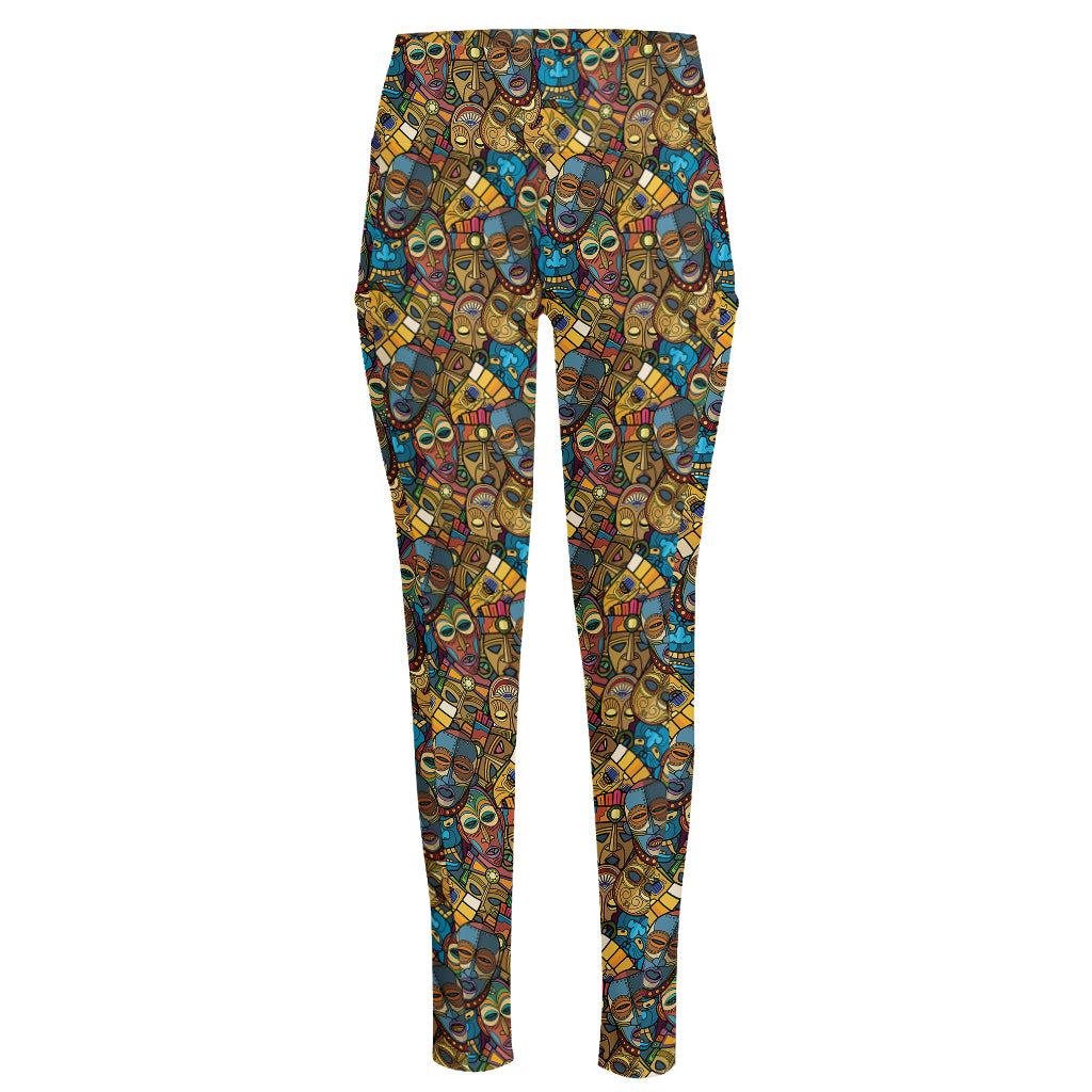 African Totem Masks Pattern Print High-Waisted Pocket Leggings